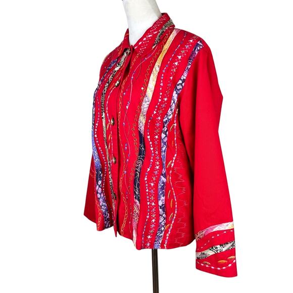 Coldwater Creek Red Woven Embroidered Embellished Art to Wear Button Jacket - Picture 2 of 11